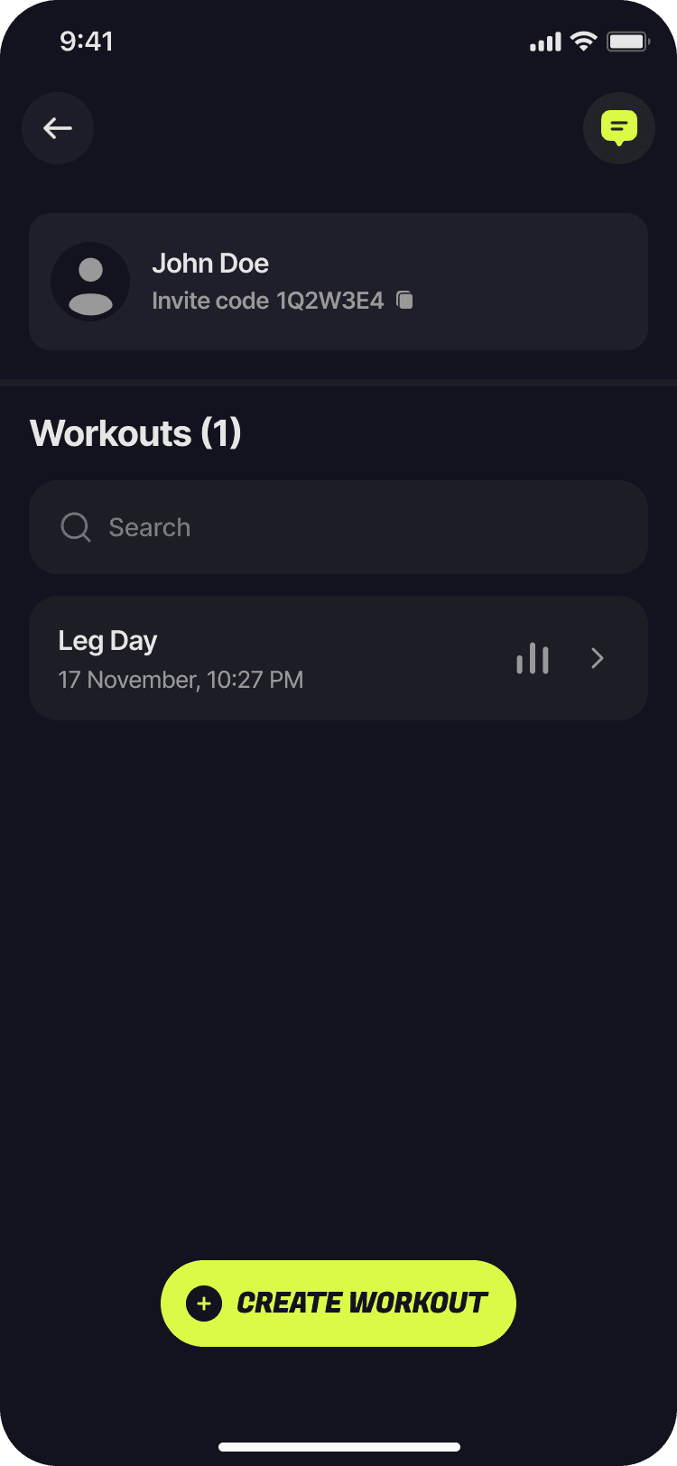 FitEcho client profile with saved workouts